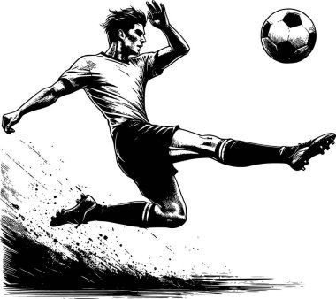 Futbolcu havanın ortasında, siyah beyaz, klasik mürekkep stili, enerji ve tutku dolu, dinamik ve cesur.