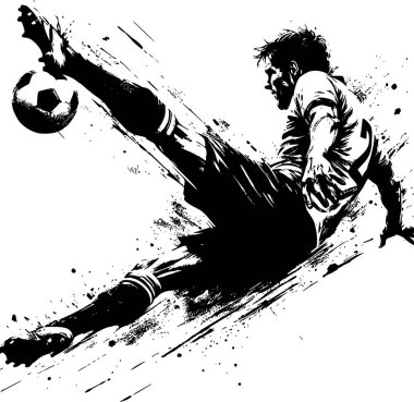 Futbolcu havanın ortasında, siyah beyaz, klasik mürekkep stili, enerji ve tutku dolu, dinamik ve cesur.