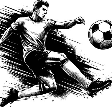 Futbolcu havanın ortasında, siyah beyaz, klasik mürekkep stili, enerji ve tutku dolu, dinamik ve cesur.