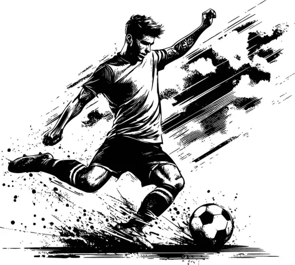 Futbolcu havanın ortasında, siyah beyaz, klasik mürekkep stili, enerji ve tutku dolu, dinamik ve cesur.