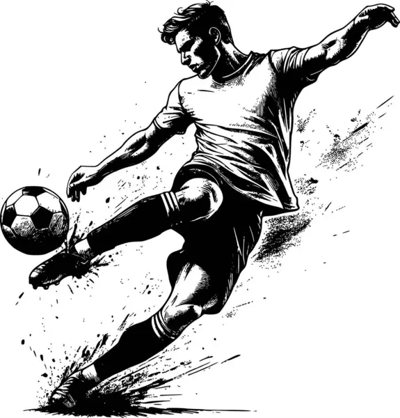 Futbolcu havanın ortasında, siyah beyaz, klasik mürekkep stili, enerji ve tutku dolu, dinamik ve cesur.