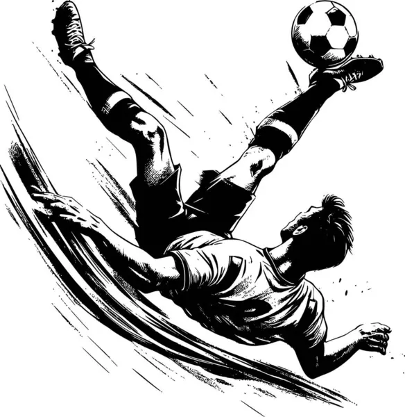 Futbolcu havanın ortasında, siyah beyaz, klasik mürekkep stili, enerji ve tutku dolu, dinamik ve cesur.