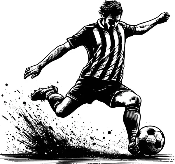 Futbolcu havanın ortasında, siyah beyaz, klasik mürekkep stili, enerji ve tutku dolu, dinamik ve cesur.