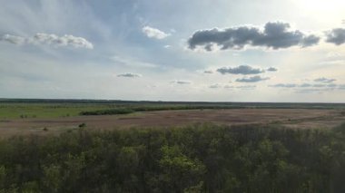 Yumuşak beyaz bulutların altında bozkırlar ve ormanlar arasında akan bir nehrin huzurlu hava görüntüsü..