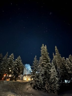 Karlı bir ormanda, yıldızlı bir gökyüzünün altında rahat bir dağ kulübesi. Doğa severler ve yıldız gözlemcileri için mükemmel bir kış kaçamağı..