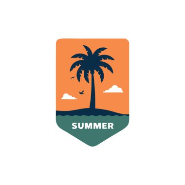 Güneş ve plaj logosu tasarım vektör şablonu olan ağacın çizimi