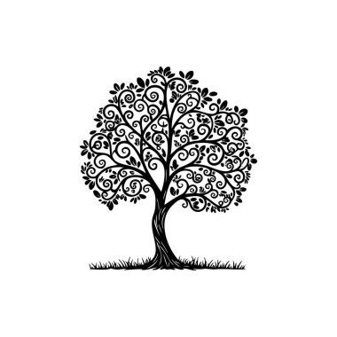 Dalları olan bir ağacın el çizimi. siyah ve beyaz resimleme