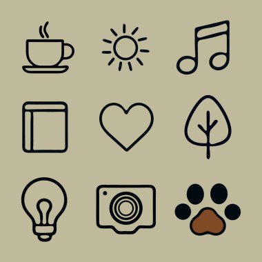 Asgari Satır Simgesi Seti, Kahve Müziği Güneş Sevgisi Doğa ve Yaratıcı Elementler