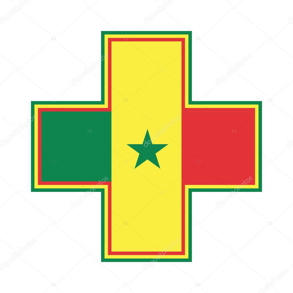 First aid sign. Medical and pharmacy cross symbol vector Illustration. Senegal flag
