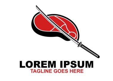 Katana Logosu tarafından kesilmiş biftek ızgarası. Japon Kasap Dükkanı Sembol Vektör İllüstrasyonu