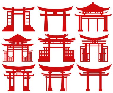 Japon kırmızı torii kapı simgesini ayarla. Geleneksel Castle kapısı tasarım vektör çizimi