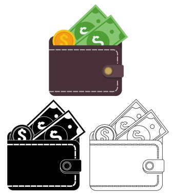 Dolar parasıyla vektör cüzdanını ve sikke simgesi düz tasarım illüstrasyonunu ayarla