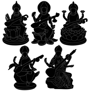 Koleksiyonları Tanrıça Saraswati siluet simgesini ayarla. Vasant Panchami Puja sembolü tasarım vektörü çizimi