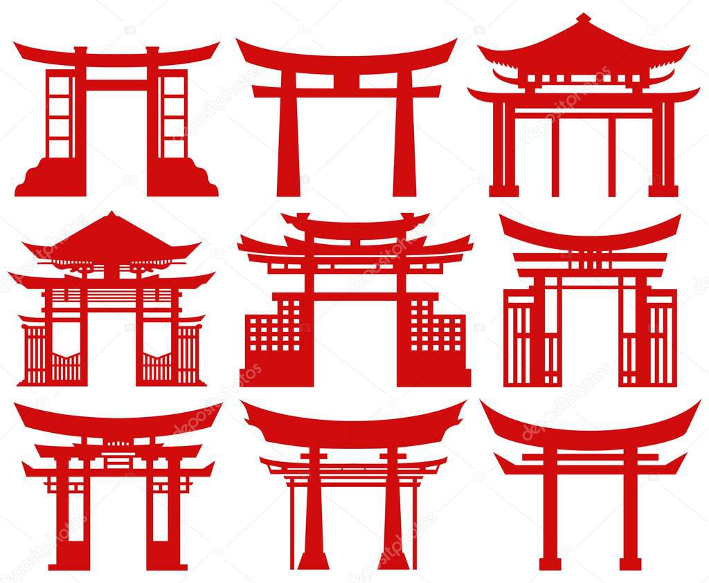 Set Japanese red torii gate icon symbol. Traditional Castle gate  design vector illustration