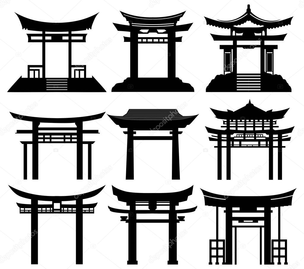 Set Japanese traditional gate silhouette icon symbol. Torii gate castle design vector illustration