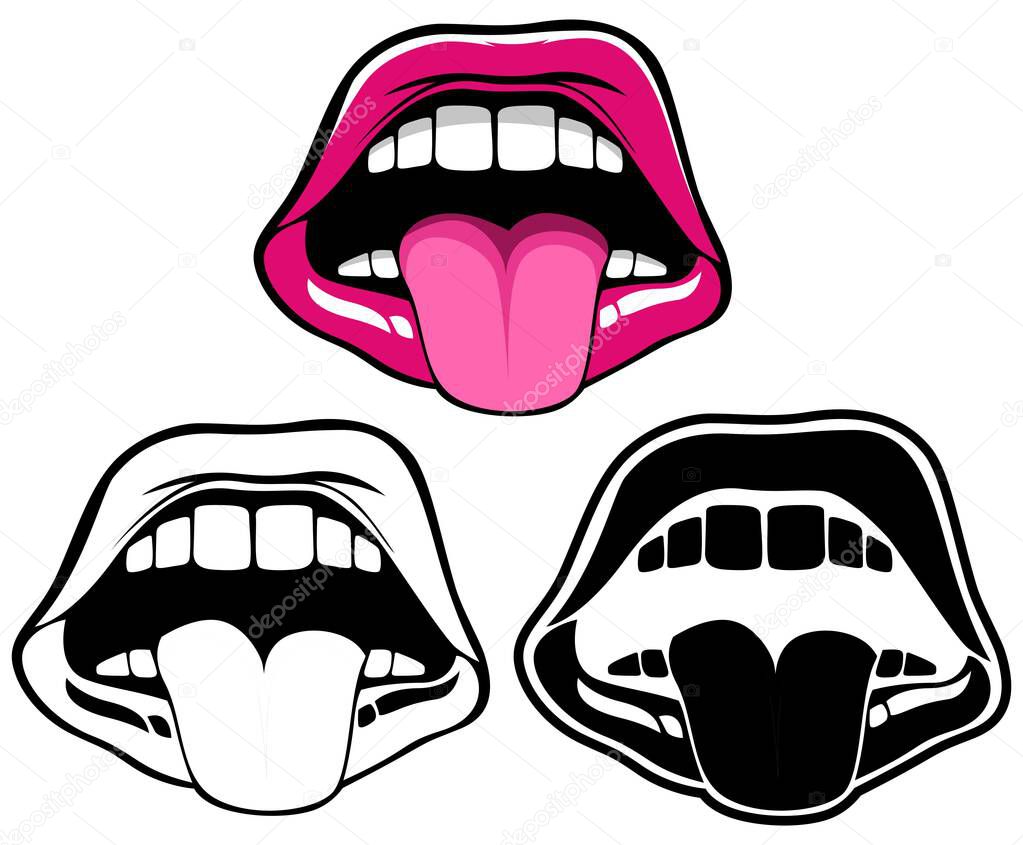 Set sensual open mouth sticking out tongue icon vector design illustration