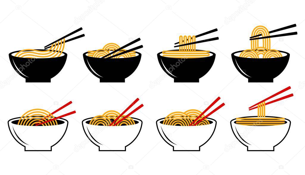 Vector set Japanese bowl noodles with chopstick icon logo. ramen symbol design illustration