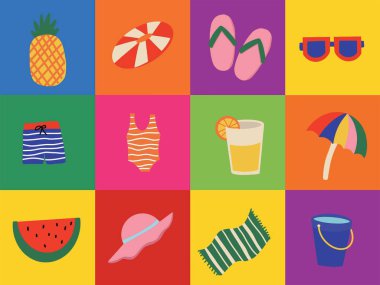 Sezonluk tasarımlar, parti davetiyeleri, çocuk el sanatları, sosyal medya grafikleri ve yazı kutlayan basım materyalleri içeren canlı yaz temalı sanat eserleri.