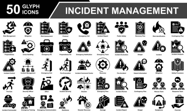 Incident Management Icon Set Collection. Containing Risk Management, Mitigation, Risk Assessment, Incident Report, Emergency Call, Danger, Incident, Fire, Rescue Team. Simple Glyph Vector Illustration.
