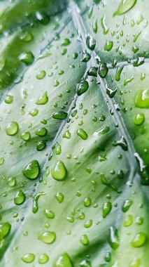 Su damlacıkları ile parlak yeşil anthurium yaprakları yakın plan, doku ve tazelik göstermektedir