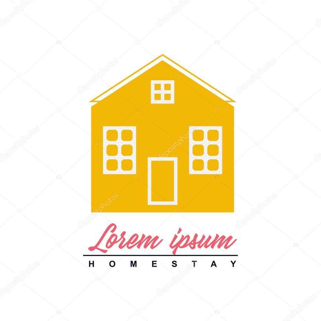 A flat-style logo of a house viewed from the front, featuring clear details of windows and a door. Ideal for homestays, guesthouses, or property-related businesses seeking a welcoming and reliable image.