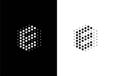 Altıgen harfli E harfi ve laboratuvar veya teknoloji şirketi için nokta konsept logosu