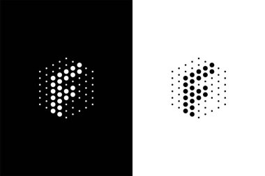 Laboratuvar veya teknoloji şirketi için altıgen ve nokta konsept logolu F harfi