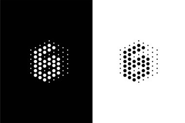 Laboratuvar veya teknoloji şirketi için altıgen ve nokta konsept logolu G harfi veya 6 numara.