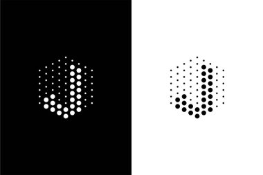 Laboratuvar veya teknoloji şirketi için altıgen ve nokta konsept logolu J harfi