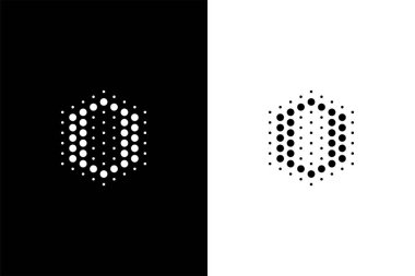 Laboratuvar ya da teknoloji şirketi için altıgen ve nokta konsept logosuyla 0 harfi.