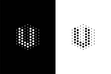 Laboratuvar veya teknoloji şirketi için altıgen ve nokta konsept logosu olan U harfi.