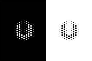 Laboratuvar veya teknoloji şirketi için altıgen ve nokta konsept logolu V harfi