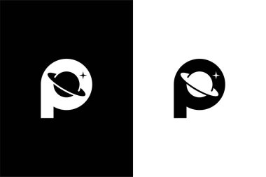 Eşsiz gezegen simgesi ve P harfi logo vektörü 