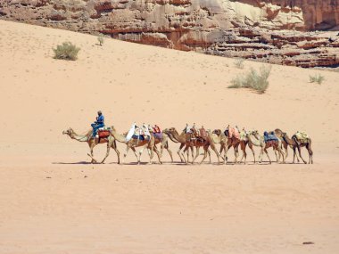 Kılavuz liderliğindeki bir deve kervanı, kumlu kum tepeleri ve engebeli kaya kayalıklarıyla çölleri aşarak kurak arazide geleneksel bir göçebe yolculuğunu anımsatıyor. Ürdün 'deki Wadi Rum Çölü