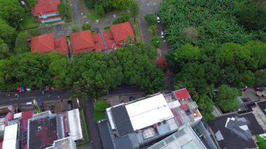 Evlerle, yemyeşil ağaçlarla ve muz tarlasıyla dolu bir caddenin yüksek açılı görüntüsü..