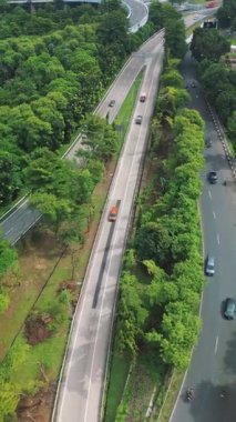 Yemyeşil ağaçları ve çeşitli araçları olan yüksek açılı bir şehir yolu manzarası..