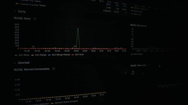 MySQL veritabanı performans grafiklerini gösteren bilgisayar ekranının yakın plan görüntüsü, sıralamalar, iptal edilmiş bağlantılar ve masa kilitleri.