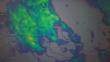 Animasyon hava haritası Bangka Belitung, Endonezya 'da yağmur yağdığını gösteriyor. Durağan kamera görüntüsü.