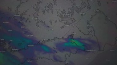 Finlandiya 'nın hareketli hava haritası yağmur ve bulut örtüsünü gösteriyor. Durağan kamera görüntüsü.