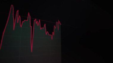 Kara ekrandaki kırmızı çizgi grafiğinin yakın plan görüntüsü, değişen borsa verilerini gösteriyor. Pürüzsüz kamera pan.