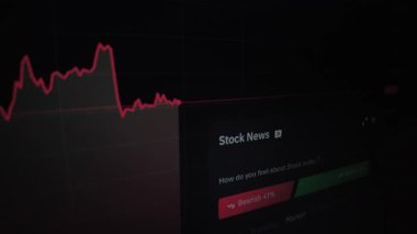 Kırmızı borsa grafik çizgisini gösteren bir bilgisayar ekranının yakın plan görüntüsü, hisse senedi haberlerinin yanı sıra hızla azalıyor.