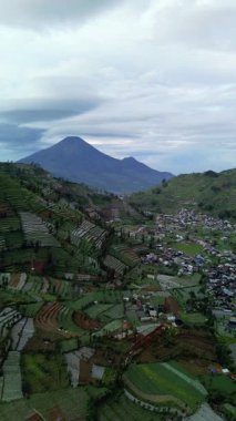 Bu görüntüler, Endonezya 'da bulutlu bir gökyüzünün altında yüksek açılı tarlaları, küçük bir köyü ve görkemli bir dağı gösteriyor. Kamera parazit yapıyor..