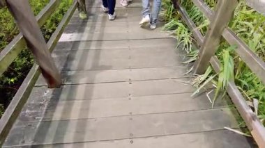 Eski ahşap bir köprüde yürüyen insanların alçak açılı görüntüleri. Köprünün her iki tarafında da yeşil bitkiler yetişiyor. Kamera sabit, köprü yüzeyine odaklanıyor..