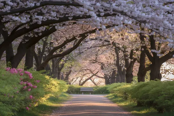 Baharda Pembe Çiçekler ve Güneş Işıklı Kiraz Çiçeği Yolu
