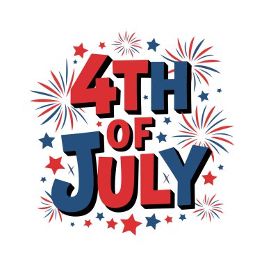 '4 Temmuz' Havai fişekler ve Yıldızlar Çizimleriyle Kutlama Tipografisi
