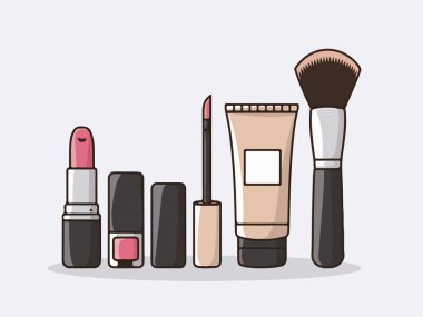 Ruj, fırça ve kompakt elementlerle Kozmetik Makyaj Ürünleri Çizimi
