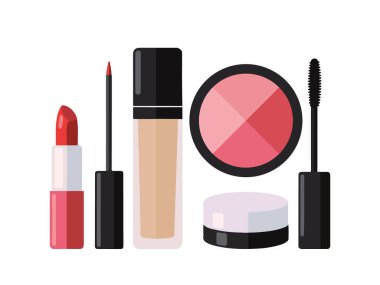 Ruj, fırça ve kompakt elementlerle Kozmetik Makyaj Ürünleri Çizimi