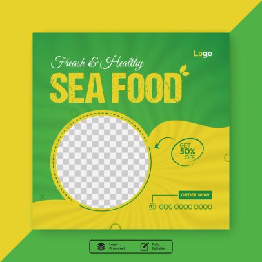 Sosyal Medya Tanıtım Pazarlaması için Düzenlenebilir Vektör Deniz Ürünleri Şablonu