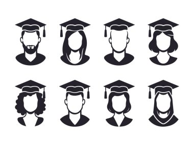 Mezuniyet Cap Simgesi Çizimi. Vektör Öğrenci Avatar İllüstrasyon Koleksiyonu