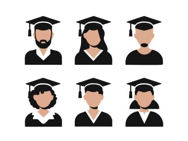 Mezuniyet Cap Simgesi Çizimi. Vektör Öğrenci Avatar İllüstrasyon Koleksiyonu